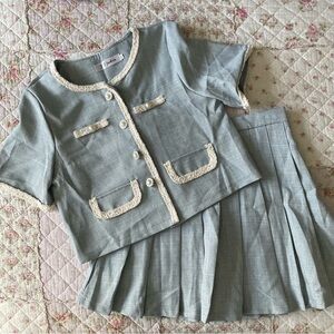Kpop soft blue set with tweed trim and pearl buttons